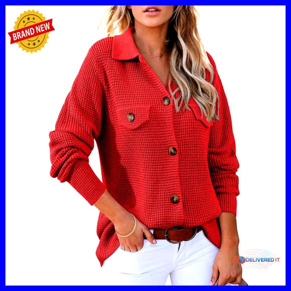 Waffle Knit Shacket Button Down Sweater Oversized Chic Casual Long Sleeve Top